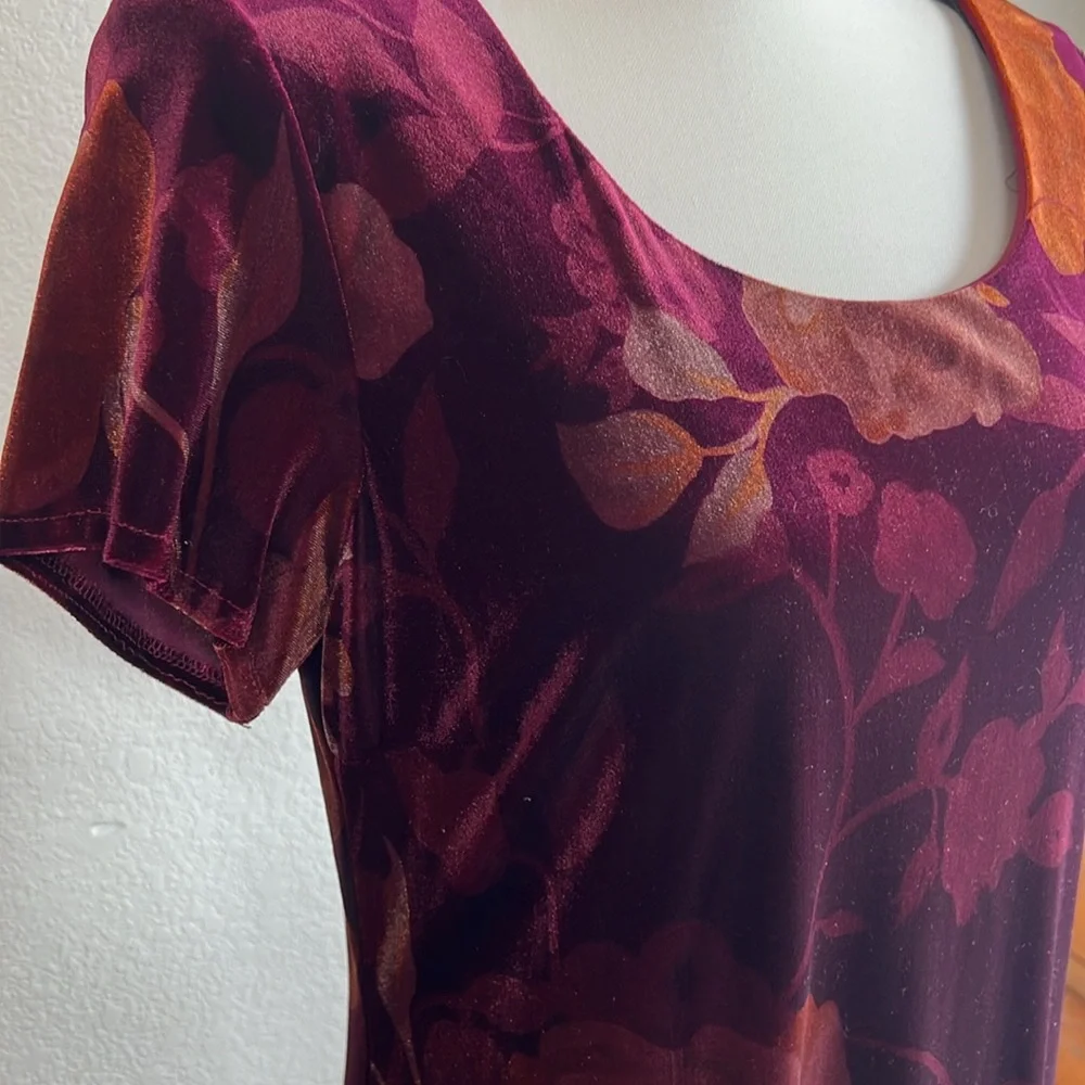 Vintage velour, long dress that has a gorgeous plum/orange floral pattern. - Picture 3 of 6